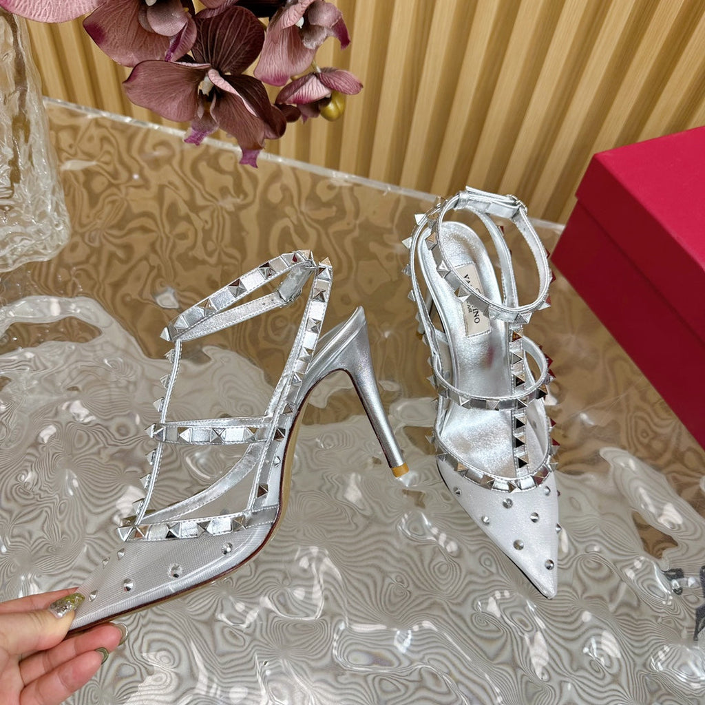 ROCKSTUD  -EFFECT PUMP WITH MATCHING STRAPS AND STUDS 95 MM SILVER CALFSKIN AND MESH