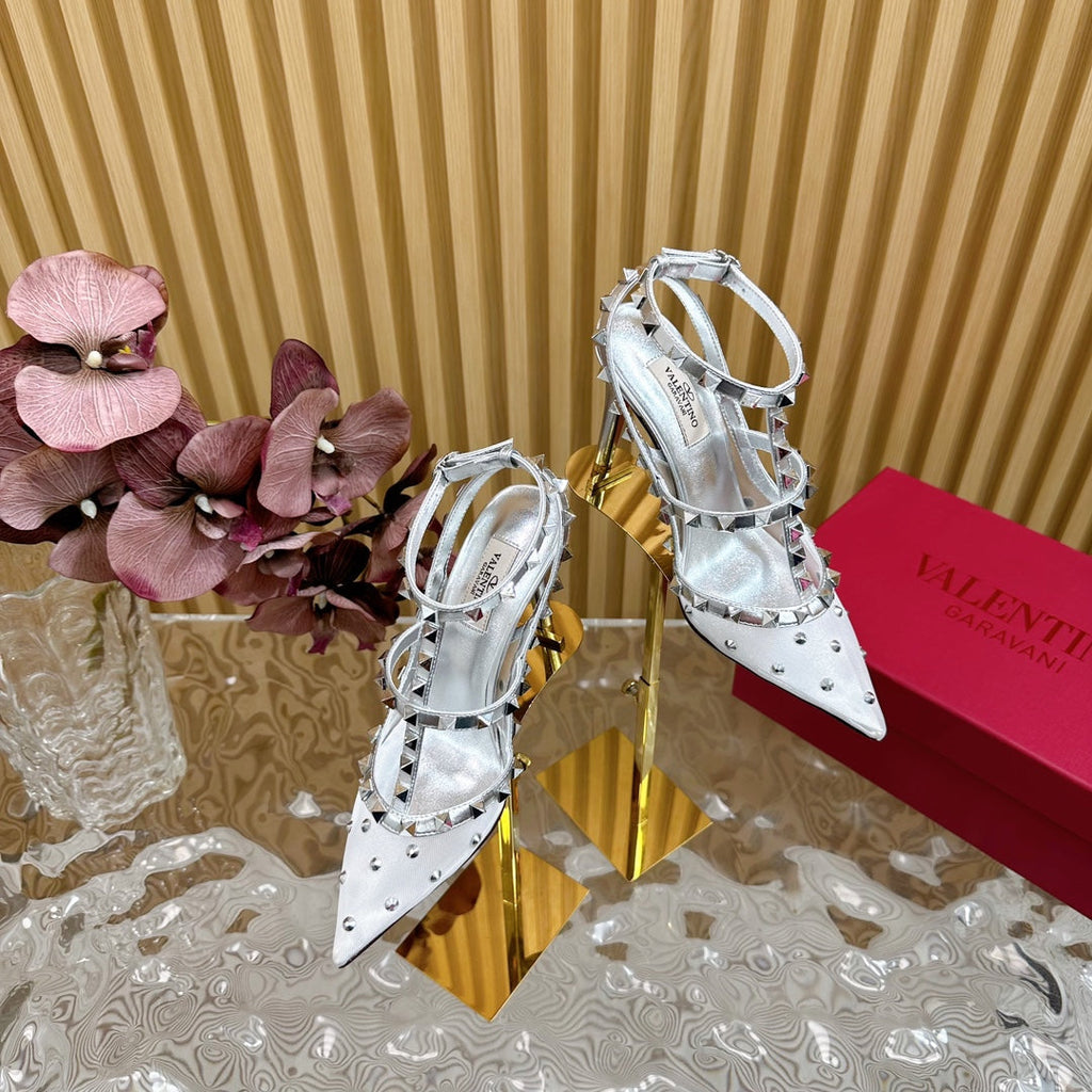 ROCKSTUD  -EFFECT PUMP WITH MATCHING STRAPS AND STUDS 95 MM SILVER CALFSKIN AND MESH