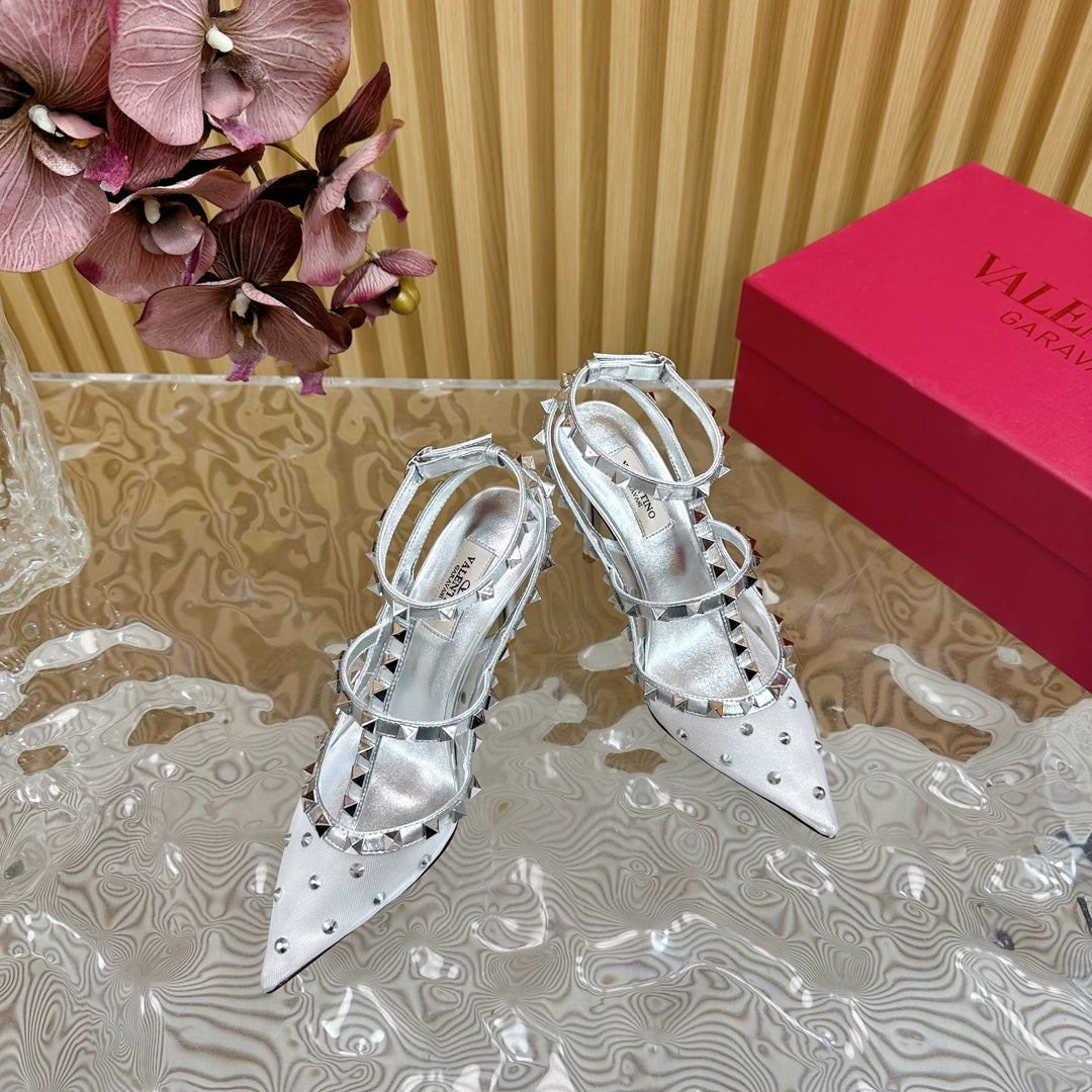 ROCKSTUD  -EFFECT PUMP WITH MATCHING STRAPS AND STUDS 95 MM SILVER CALFSKIN AND MESH