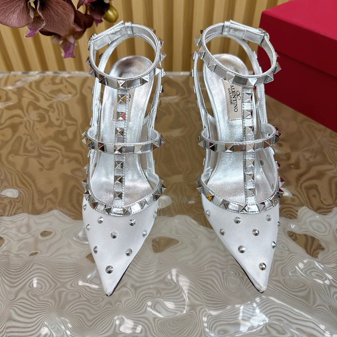 ROCKSTUD  -EFFECT PUMP WITH MATCHING STRAPS AND STUDS 95 MM SILVER CALFSKIN AND MESH