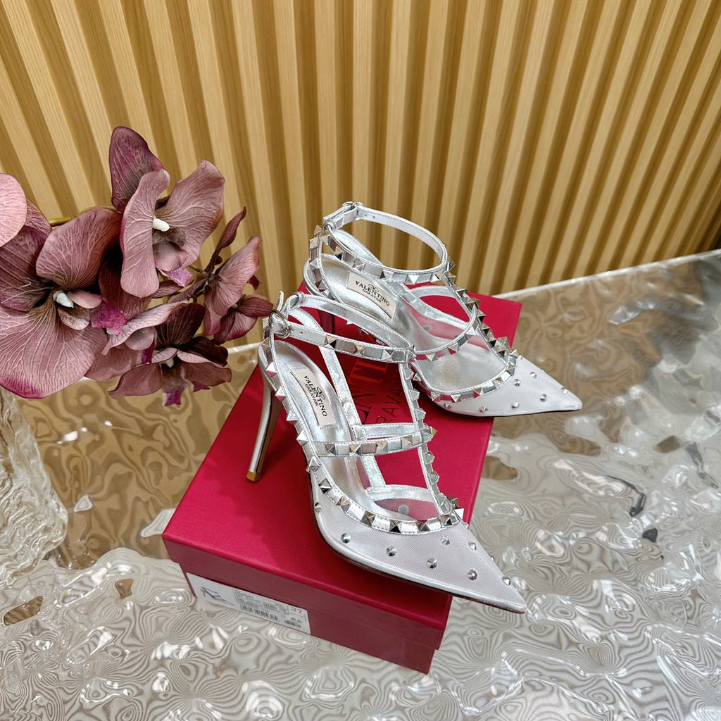 ROCKSTUD  -EFFECT PUMP WITH MATCHING STRAPS AND STUDS 95 MM SILVER CALFSKIN AND MESH