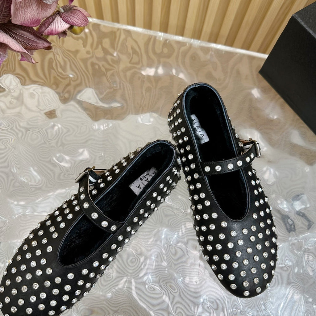Alaia Strass Ballet Flats In Black Calfskin With Fleece Lining 926043