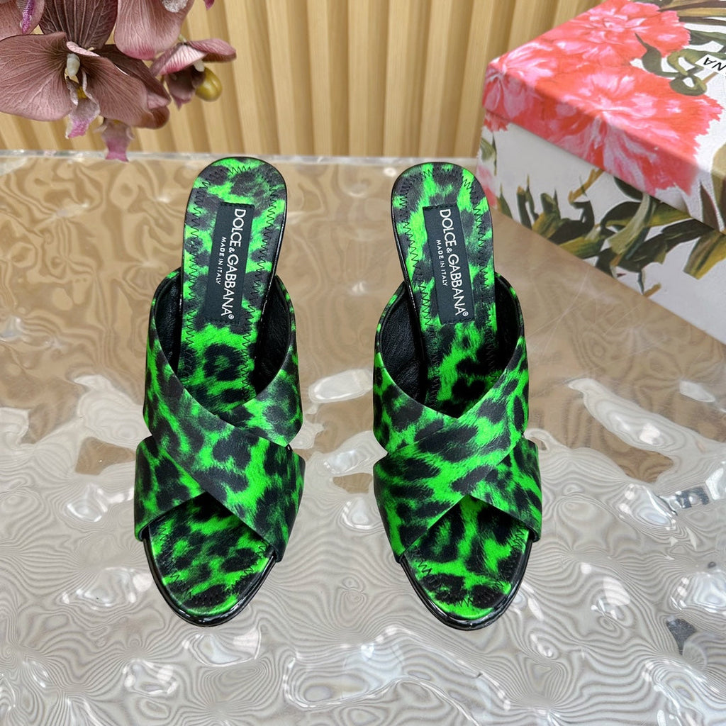 DC Keira Open-Toe Mules Green Leopard-Print & Sheepskin 926001