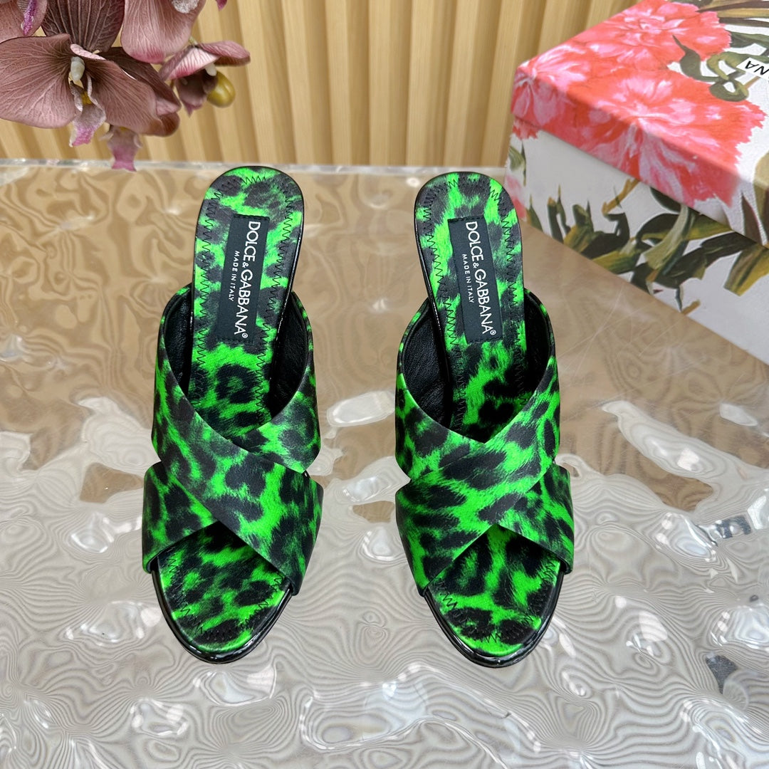 DC Keira Open-Toe Mules Green Leopard-Print & Sheepskin 926001