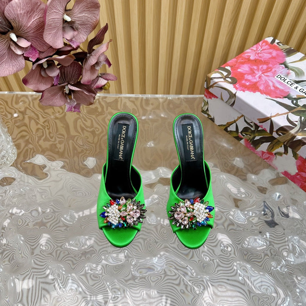 DC Rhinestone Buckle Mules Green Silk & Sheepskin 926018