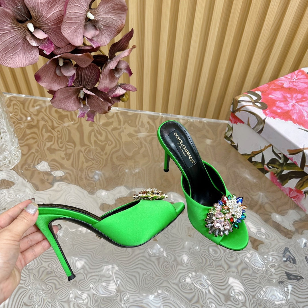 DC Rhinestone Buckle Mules Green Silk & Sheepskin 926018