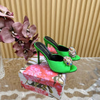 DC Rhinestone Buckle Mules Green Silk & Sheepskin 926018
