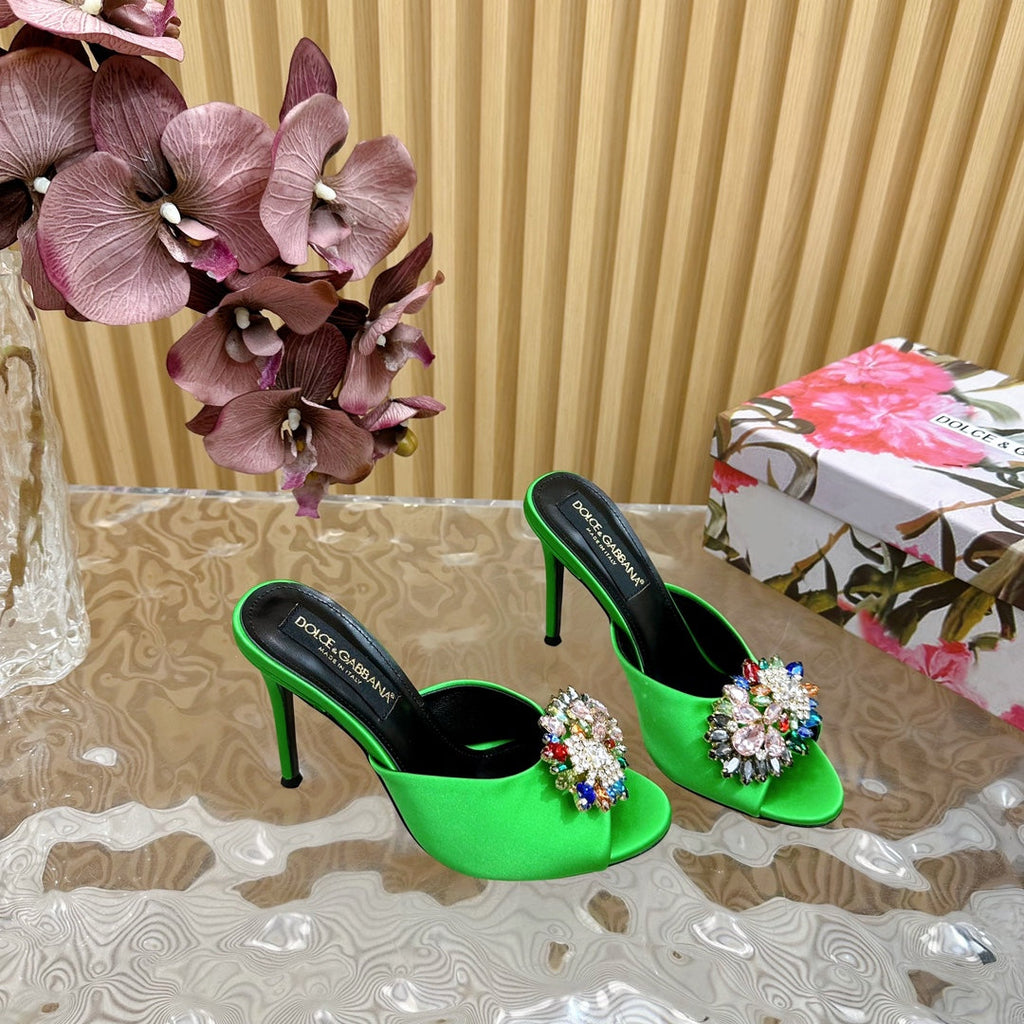 DC Rhinestone Buckle Mules Green Silk & Sheepskin 926018
