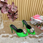 DC Rhinestone Buckle Mules Green Silk & Sheepskin 926018