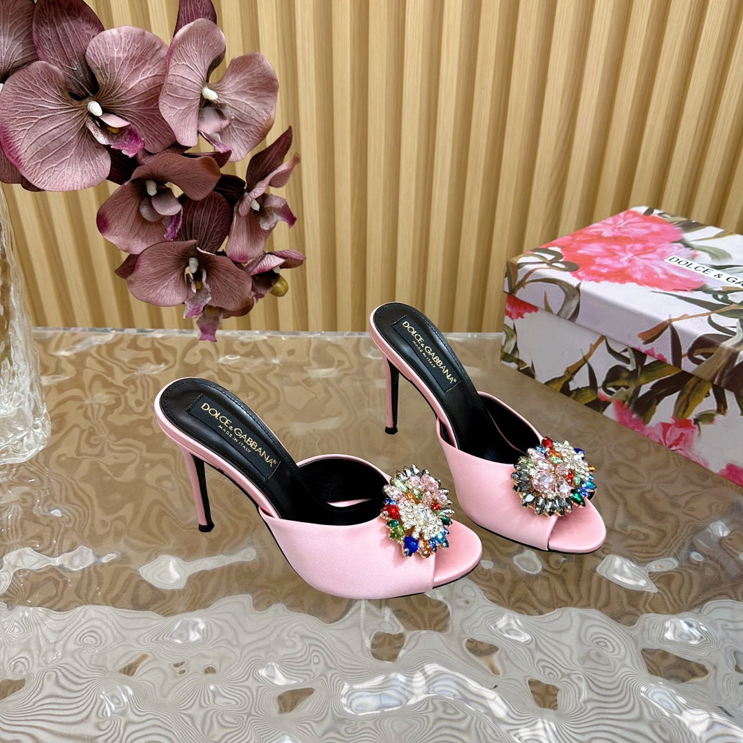 DC Rhinestone Buckle Mules Light Pink Silk & Sheepskin 926019