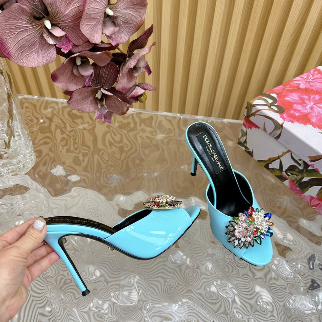 DC Rhinestone Buckle Mules Clear Blue Silk & Sheepskin 926029