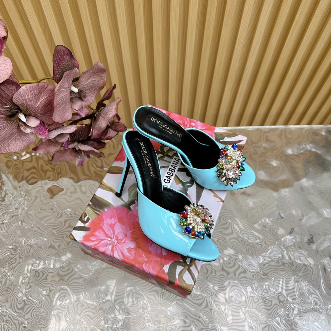 DC Rhinestone Buckle Mules Clear Blue Silk & Sheepskin 926029