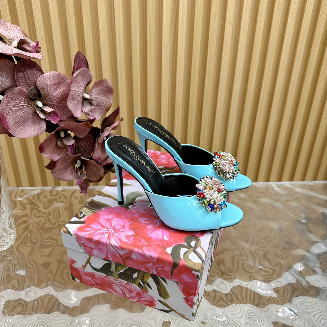 DC Rhinestone Buckle Mules Clear Blue Silk & Sheepskin 926029