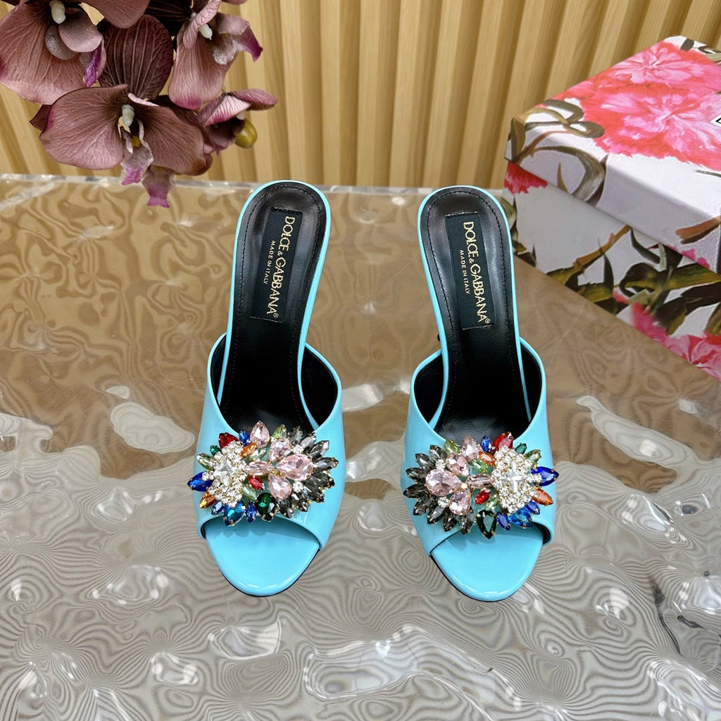 DC Rhinestone Buckle Mules Clear Blue Silk & Sheepskin 926029