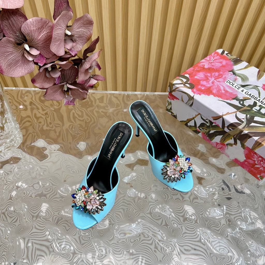 DC Rhinestone Buckle Mules Clear Blue Silk & Sheepskin 926029