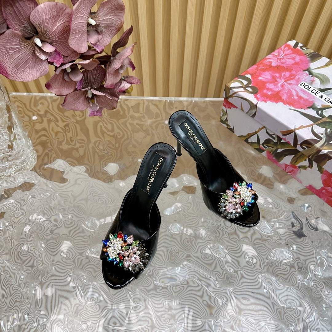DC Rhinestone Buckle Mules Black Silk & Sheepskin 926030