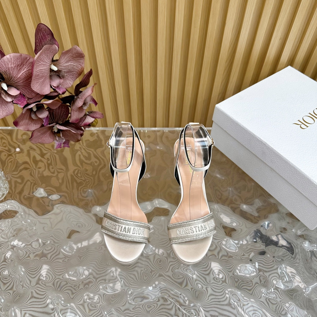 CD Dway Heeled Sandal 120mm White Grey Silk And Lambskin