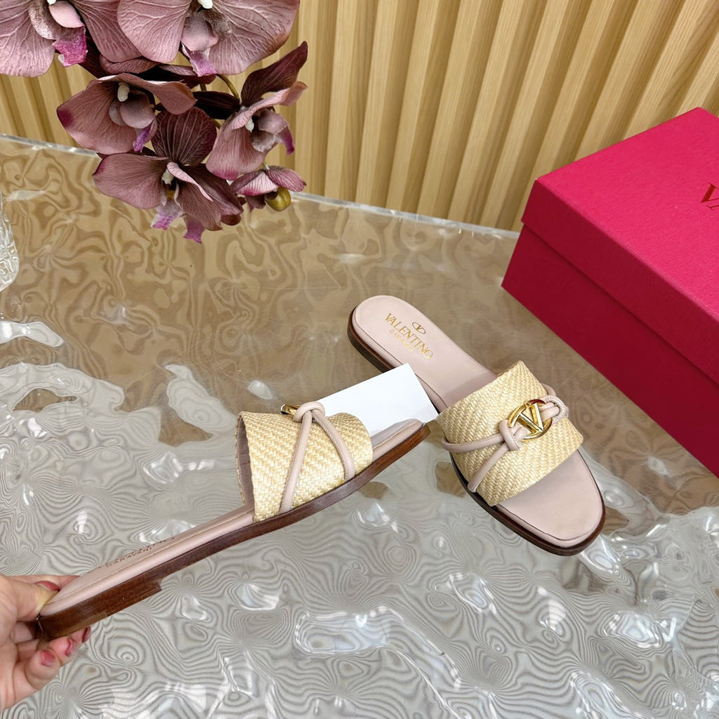 VLogo Raffia-Trimmed Leather Slides In Rose Pink Mix Beige Sedge Weaving Yarn And Lambskin 102809