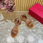 Rockstud Flatform Sandal 45mm In Brown Mix Brownish Pink Calfskin And Raffia 102842
