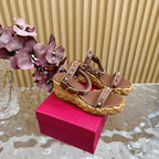 Rockstud Flatform Sandal 75mm In Brown Mix Brownish Pink Calfskin And Raffia 102856
