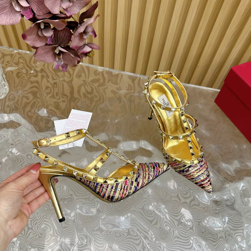 Rockstud Pump In Colorful Mix Gold Pied-de-poule Fabric And Cowhide 95mm 102079