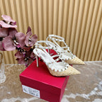 Rockstud Pump In Dark Beige Mix White Pied-de-poule Fabric And Cowhide 95mm 102083