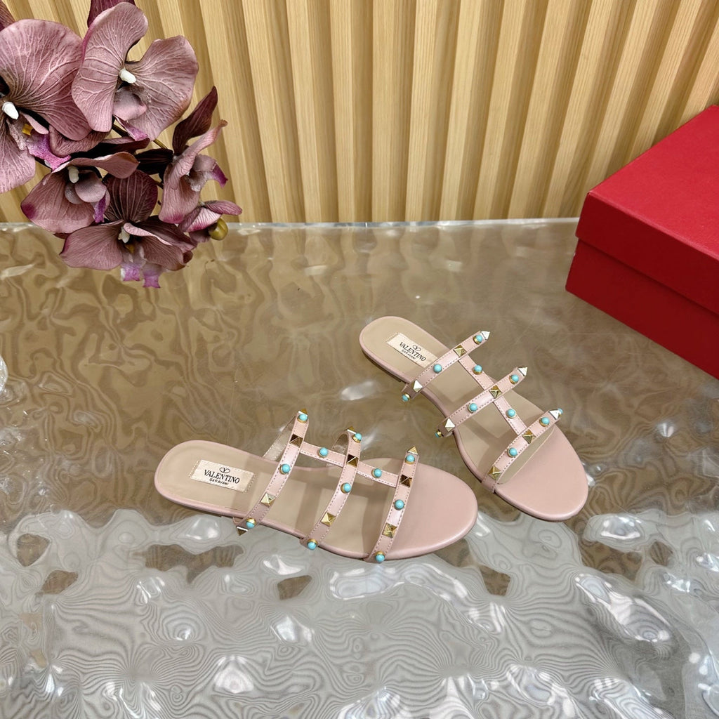 Rockstud Leather Caged Mule Sandals 10mm Pale Pink Sheepskin 307858