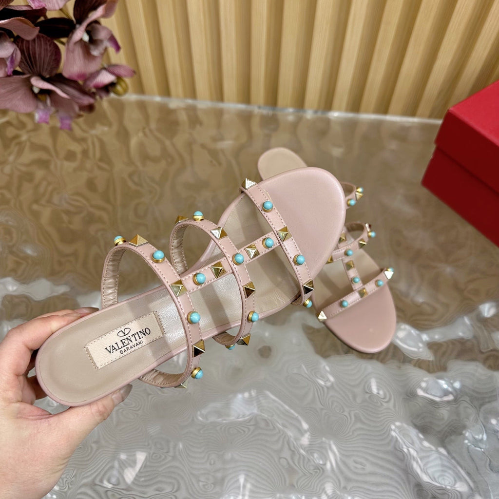 Rockstud Leather Caged Mule Sandals 60mm Pale Pink Sheepskin 307861