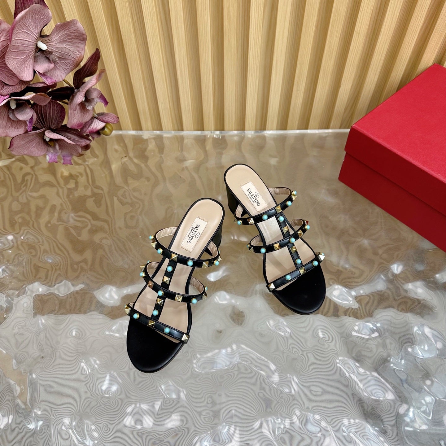 Rockstud Leather Caged Mule Sandals 60mm Black Sheepskin 307862