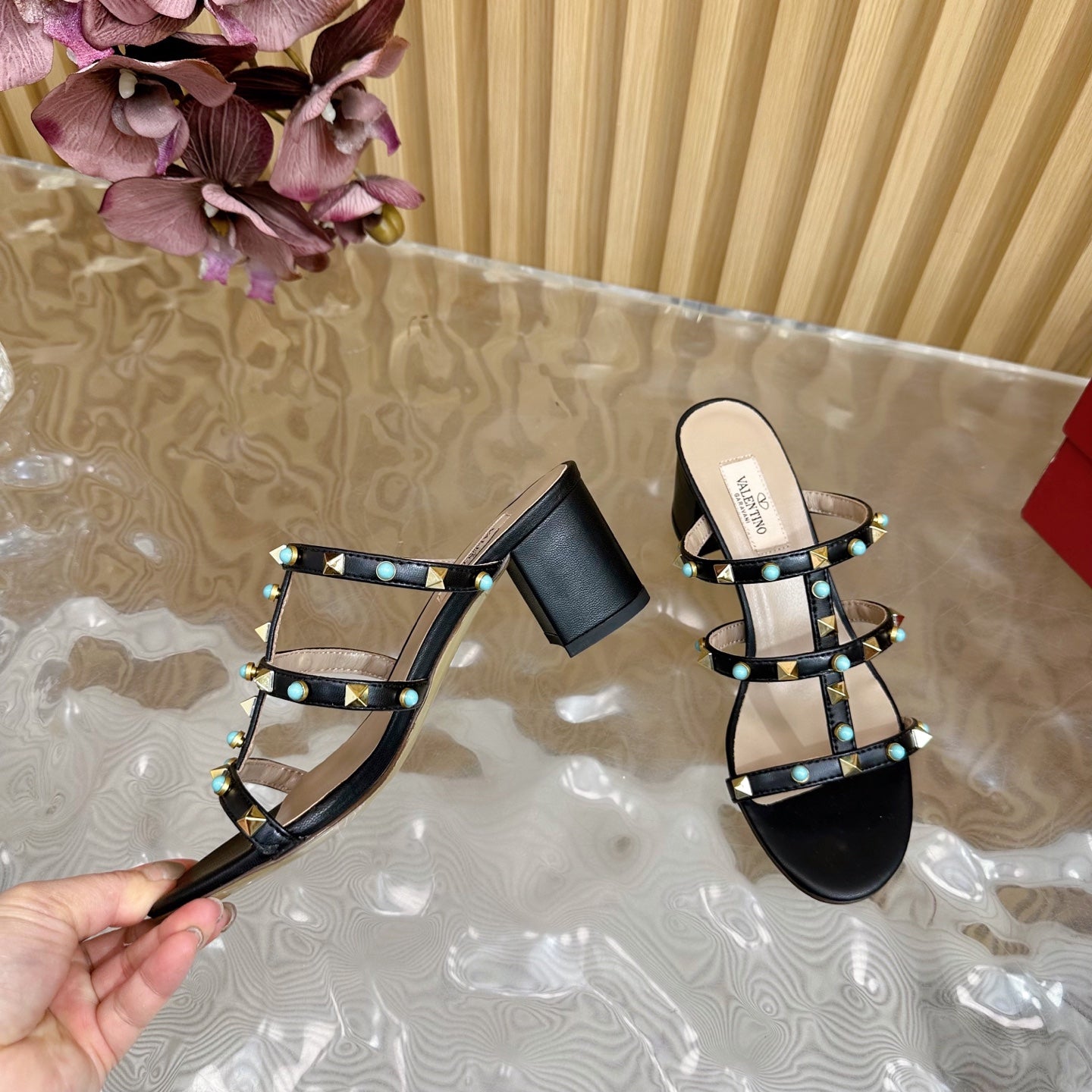 Rockstud Leather Caged Mule Sandals 60mm Black Sheepskin 307862