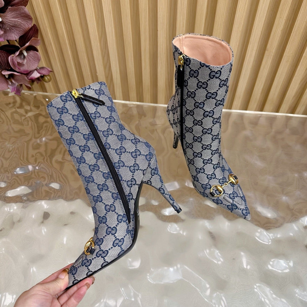 Gucci 2025 Thick-heeled Square-toed Ankle Boots Blue Sheepskin Fabric 498065