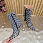Gucci 2025 Thick-heeled Square-toed Ankle Boots Blue Sheepskin Fabric 498065