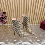 Gucci 2025 Thick-heeled Square-toed Ankle Boots Beige Gold Sheepskin Fabric 498067