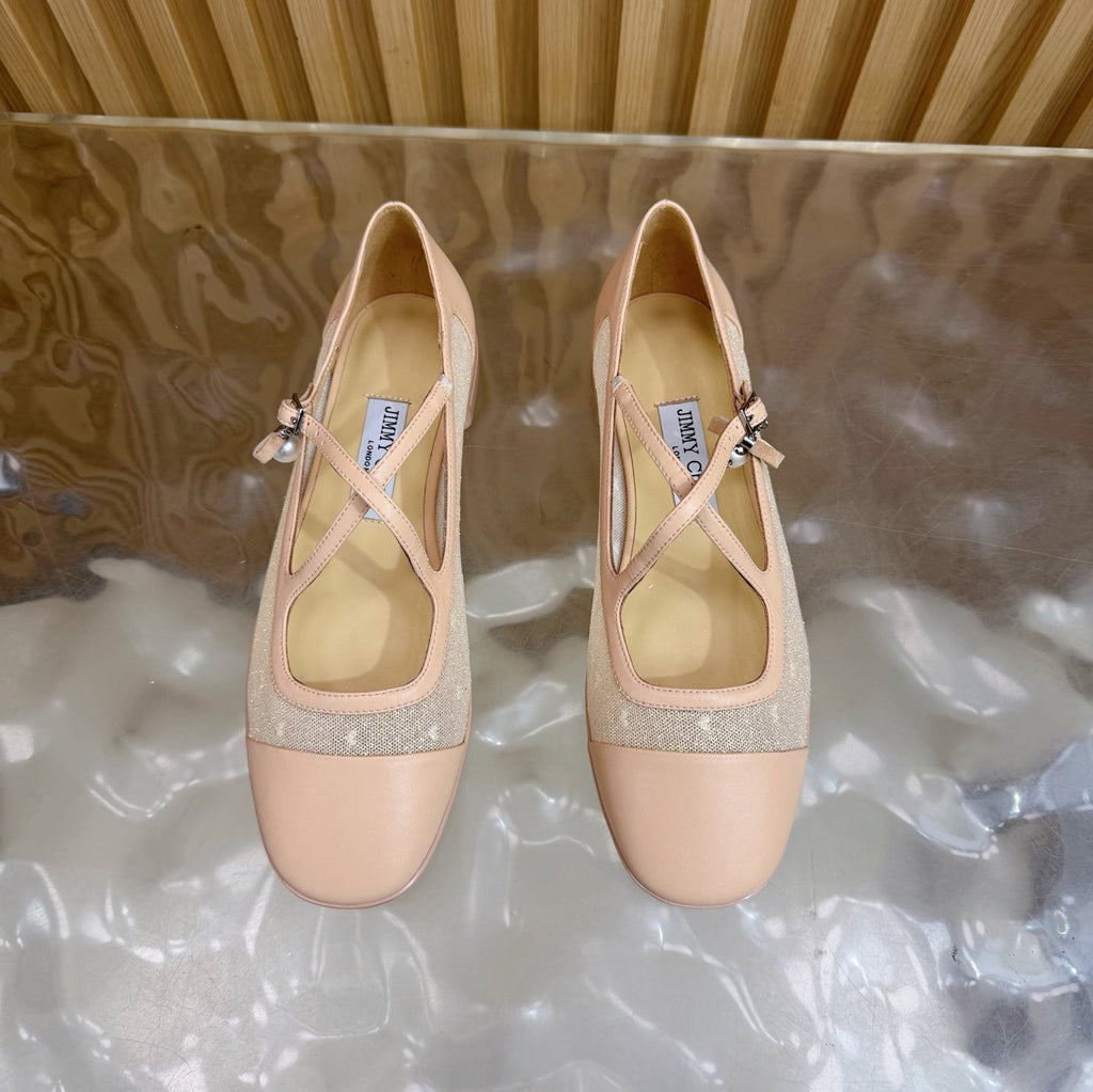 Jimmy Choo Mary Jane Flat Shoes Nude Mesh Leather 537764