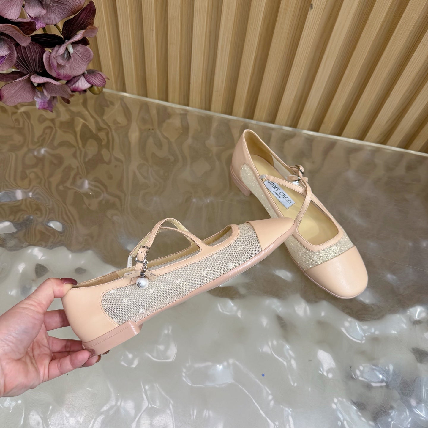 Jimmy Choo Mary Jane Flat Shoes Nude Mesh Leather 537764
