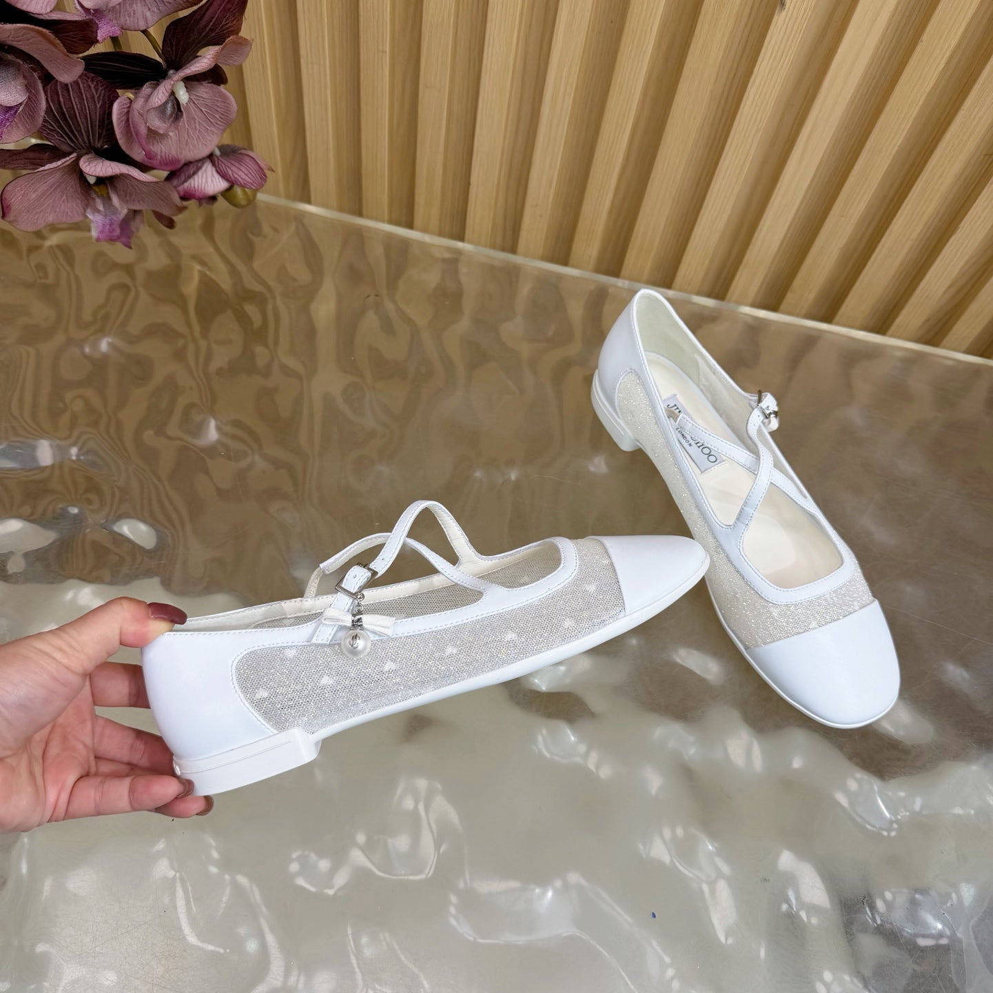 Jimmy Choo Mary Jane Flat Shoes White Mesh Leather 537766
