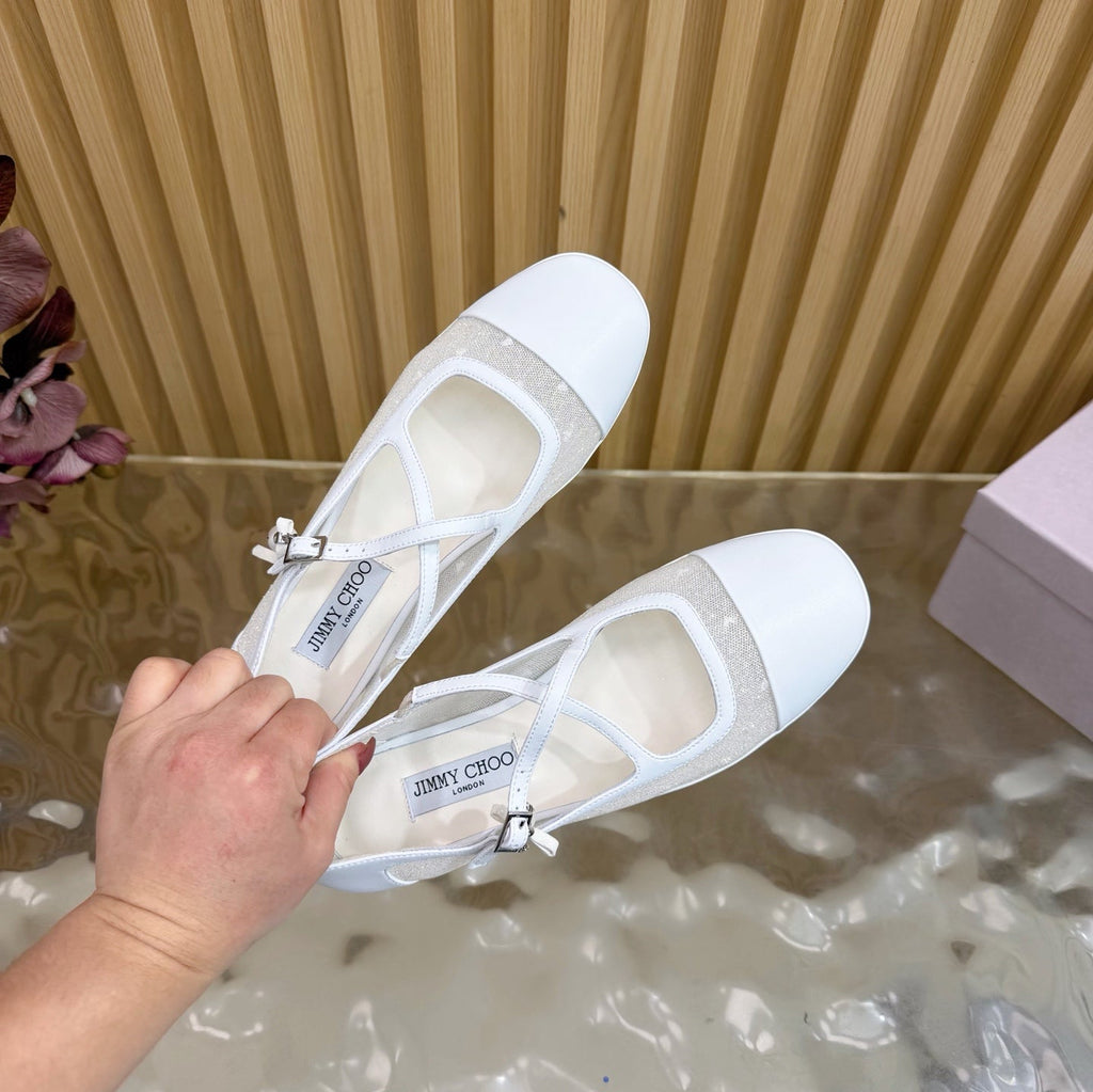 Jimmy Choo Mary Jane Flat Shoes White Mesh Leather 537766