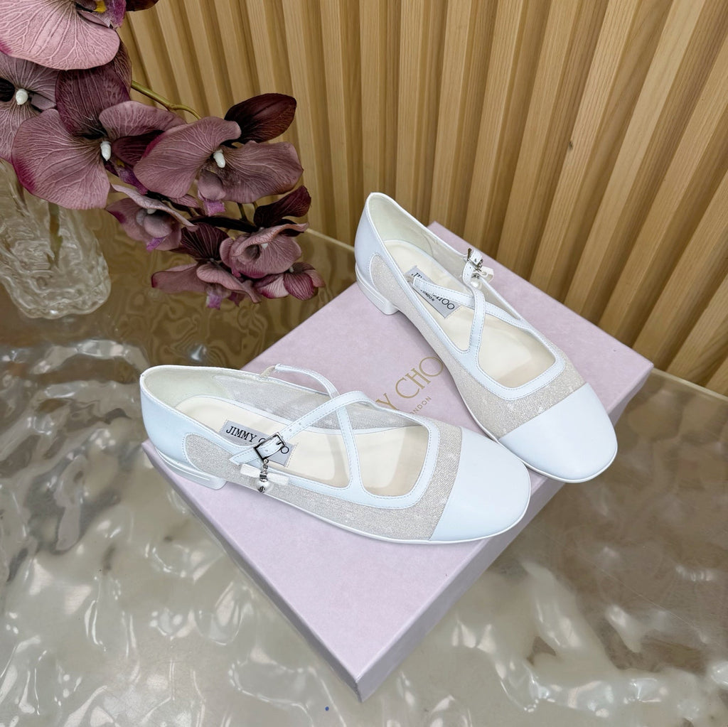 Jimmy Choo Mary Jane Flat Shoes White Mesh Leather 537766