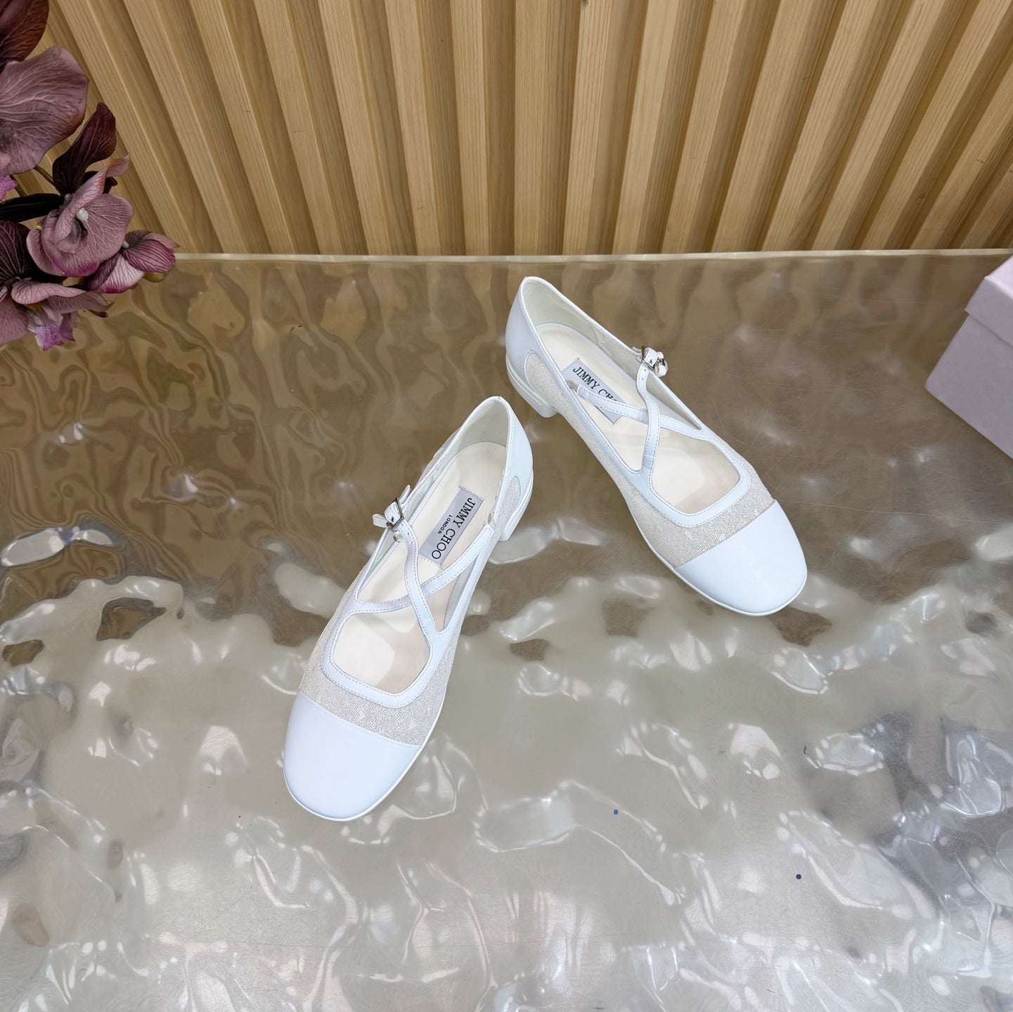 Jimmy Choo Mary Jane Flat Shoes White Mesh Leather 537766