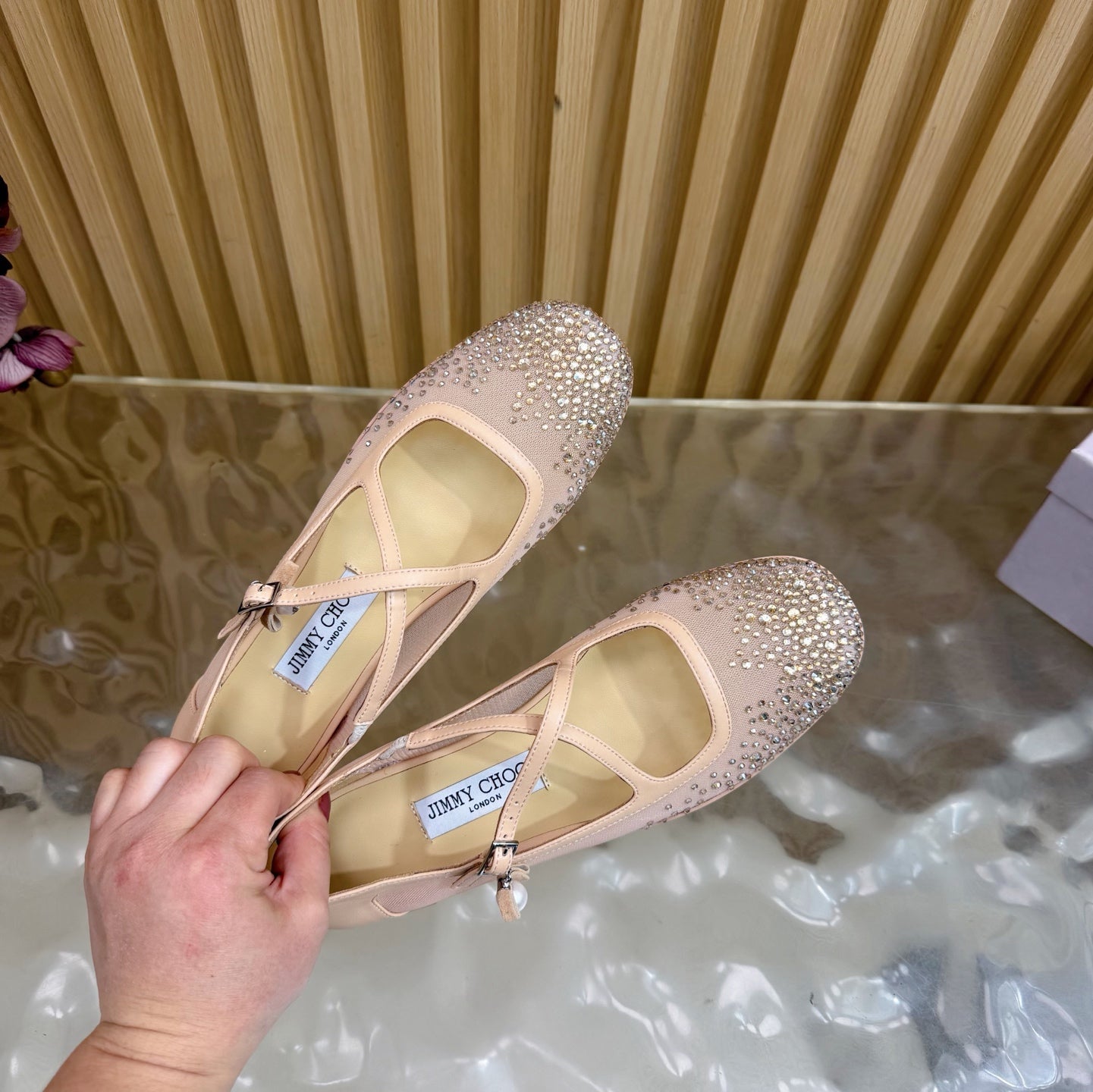 Jimmy Choo Mary Jane Flat Shoes Nude Mesh Cross Strap Pearl 537768