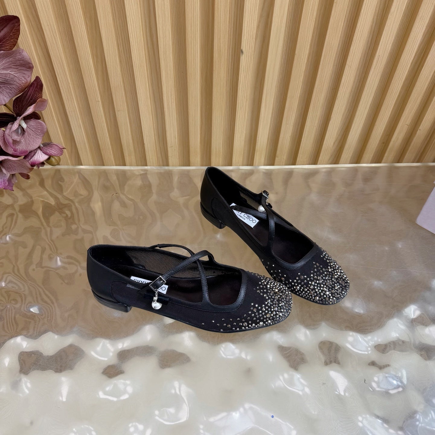 Jimmy Choo Mary Jane Flat Shoes Black Mesh Cross Strap Pearl 537769