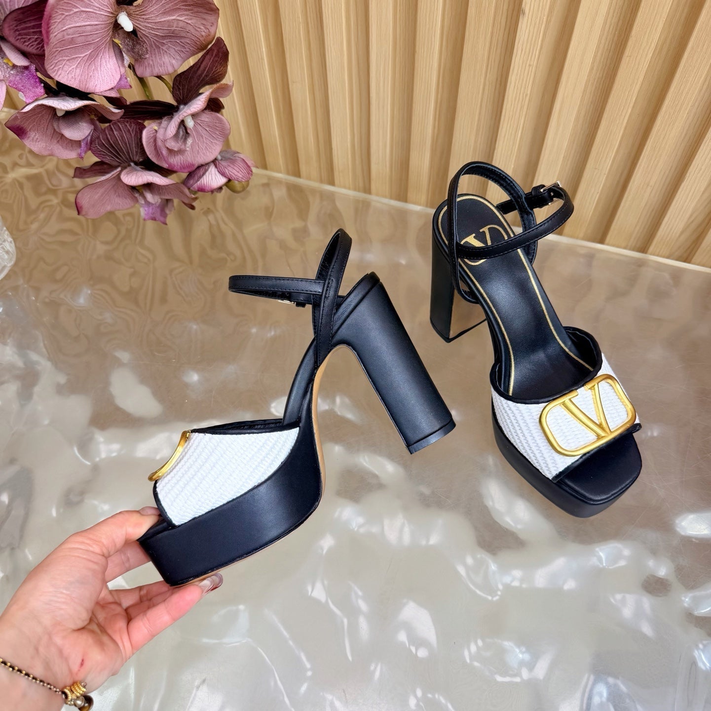 Valentino Signature Platform Sandal Black White Leather Raffia 702265