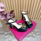 Valentino Signature Platform Sandal Black Leather Raffia 702266