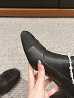 CC LOW CUT BOOTS IN BLACK STRETCH LAMBSKIN AND GROSGRAIN WITH PEARL CHAIN