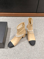 CC LOW CUT BOOTS IN SEPIA BEIGE STRETCH LAMBSKIN AND GROSGRAIN WITH PEARL CHAIN