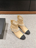 CC LOW CUT BOOTS IN SEPIA BEIGE STRETCH LAMBSKIN AND GROSGRAIN WITH PEARL CHAIN