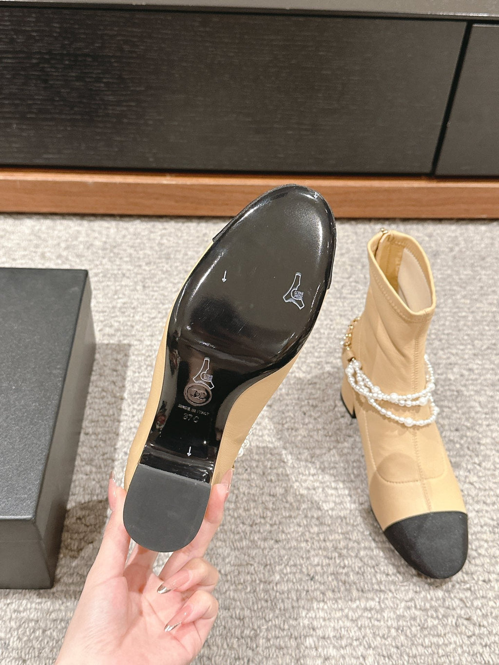 CC LOW CUT BOOTS IN SEPIA BEIGE STRETCH LAMBSKIN AND GROSGRAIN WITH PEARL CHAIN