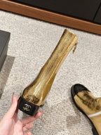CC Short Boot Gold Metalic Lambskin Black Patent Calfskin