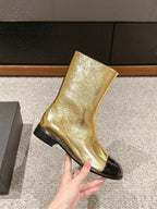 CC Short Boot Gold Metalic Lambskin Black Patent Calfskin