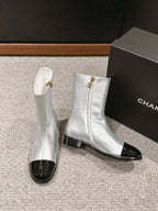 CC Short Boot Silver Metalic Lambskin Black Patent Calfskin